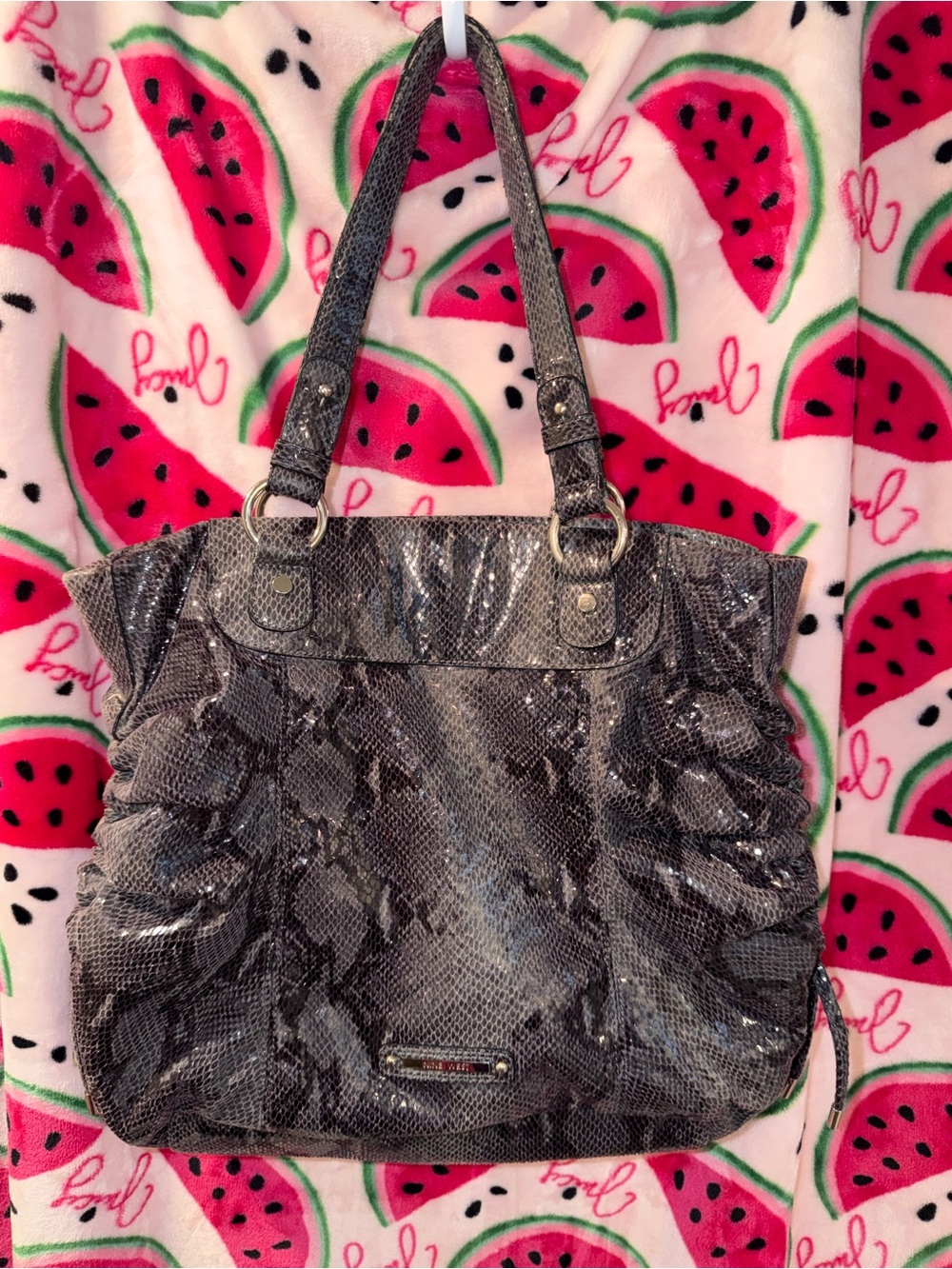 🩶 Nine West Metallic Faux-Snake Ruched Tote